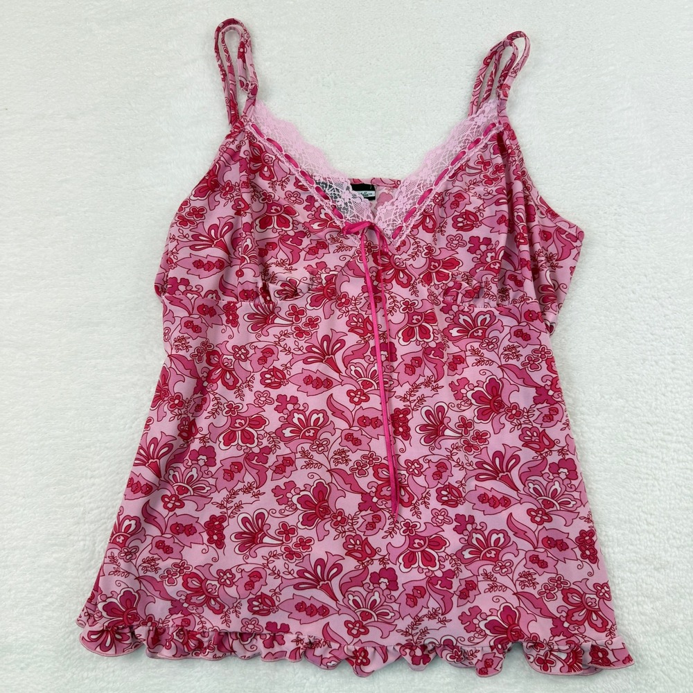 Studio Donatella Babydoll Cami Top Womens Large Pink Floral Lace Trim Coquette